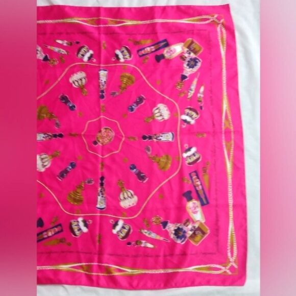 Vibrant Hot Pink Scarf with Vintage Perfume Bottles Large - Picture 4 of 13